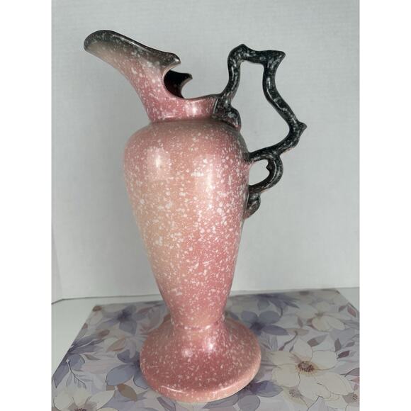 Vintage Hull Royal Woodland W24-13 1/2" Ewer Pitcher Mottled Pink with Black - Picture 3 of 8